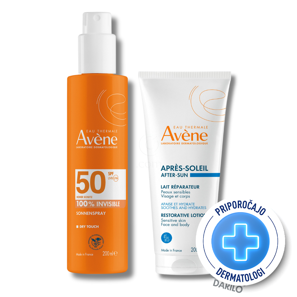 Avene Sun, paket - nevidno pršilo za zaščito pred soncem - ZF50 in losjon po sončenju (2 x 200 ml)