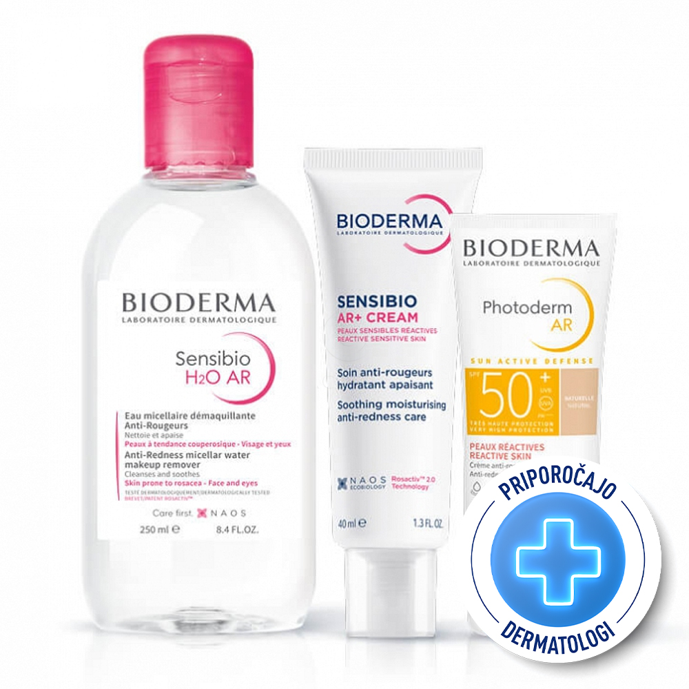 Bioderma Rozacea, paket - Sensibio H20 AR + Sensibio AR+ krema + Photoderm AR krema (250 ml + 40 ml + 30 ml)