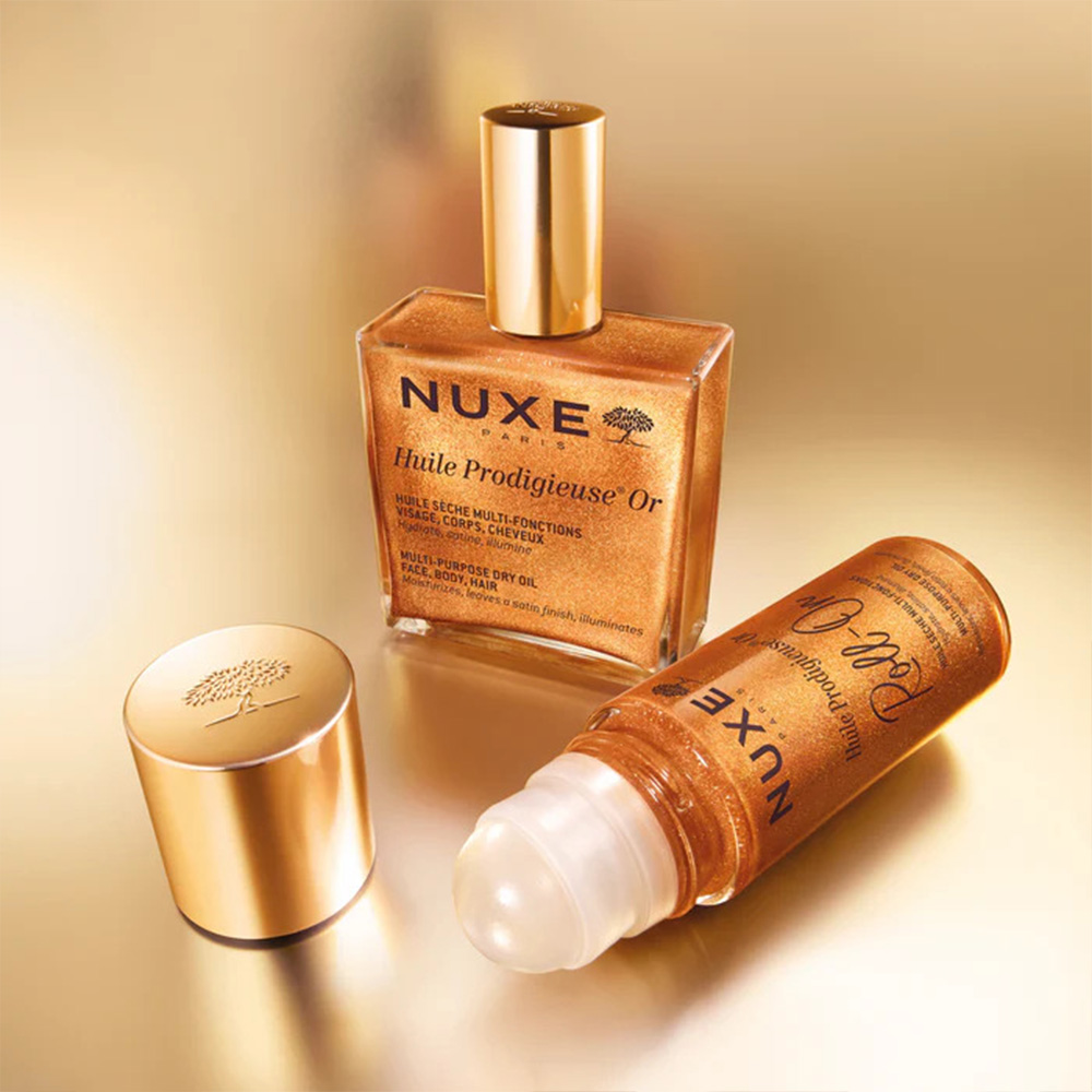 Nuxe Prodigieuse Or, večnamensko suho olje za lase in obraz z bleščicami - roll-on (60 ml)