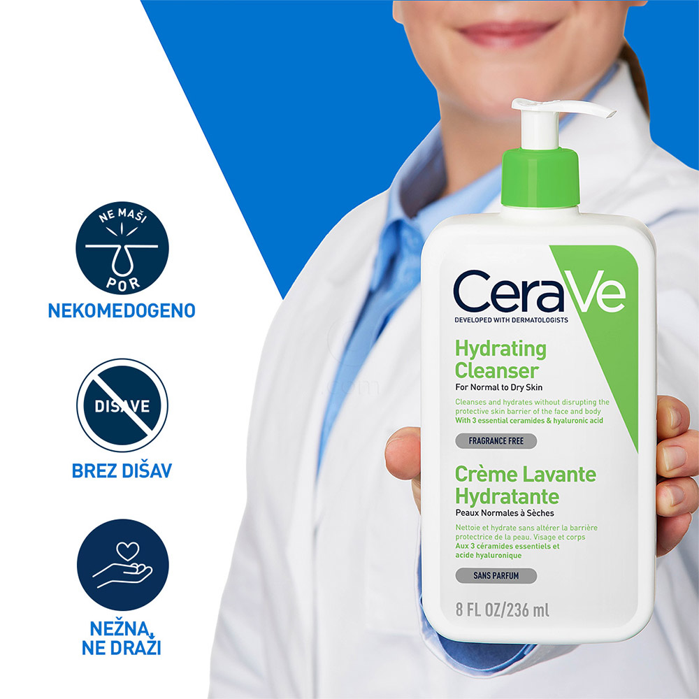 CeraVe, vlažilna čistilna emulzija za obraz za normalno do suho kožo (236 ml)