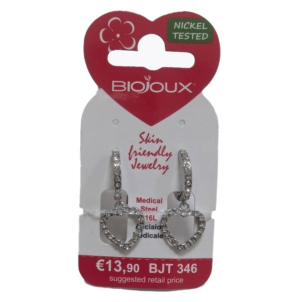 Biojoux, uhani iz kirurškega jekla - Bali viseč srček beli kristal - BJT346 (2 uhana)