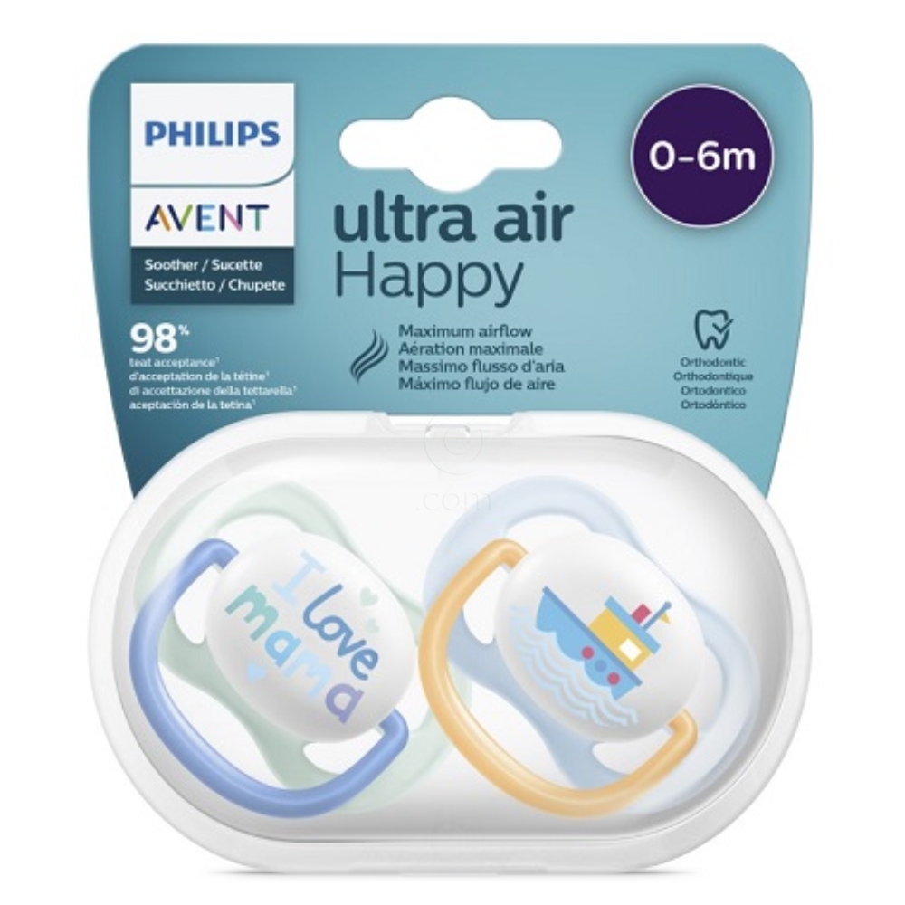 Avent Ultra Air, tolažilna duda silikonska brez bisfenola - za dečke -  0 - 6 mesecev (2 dudi)