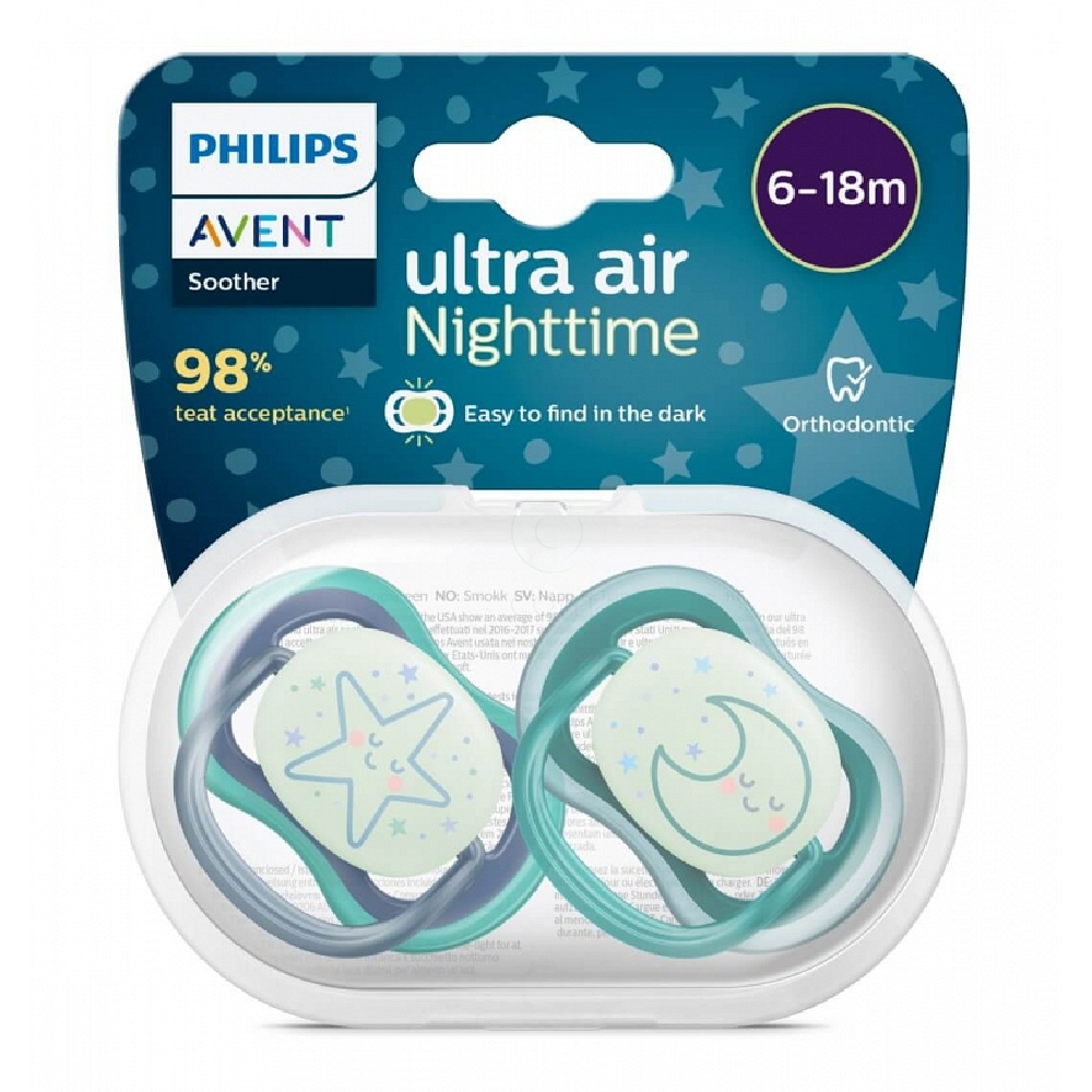 Avent Ultra Air Night, tolažilna duda silikonska brez bisfenola - za dečke - 6-18 mesecev (2 dudi)