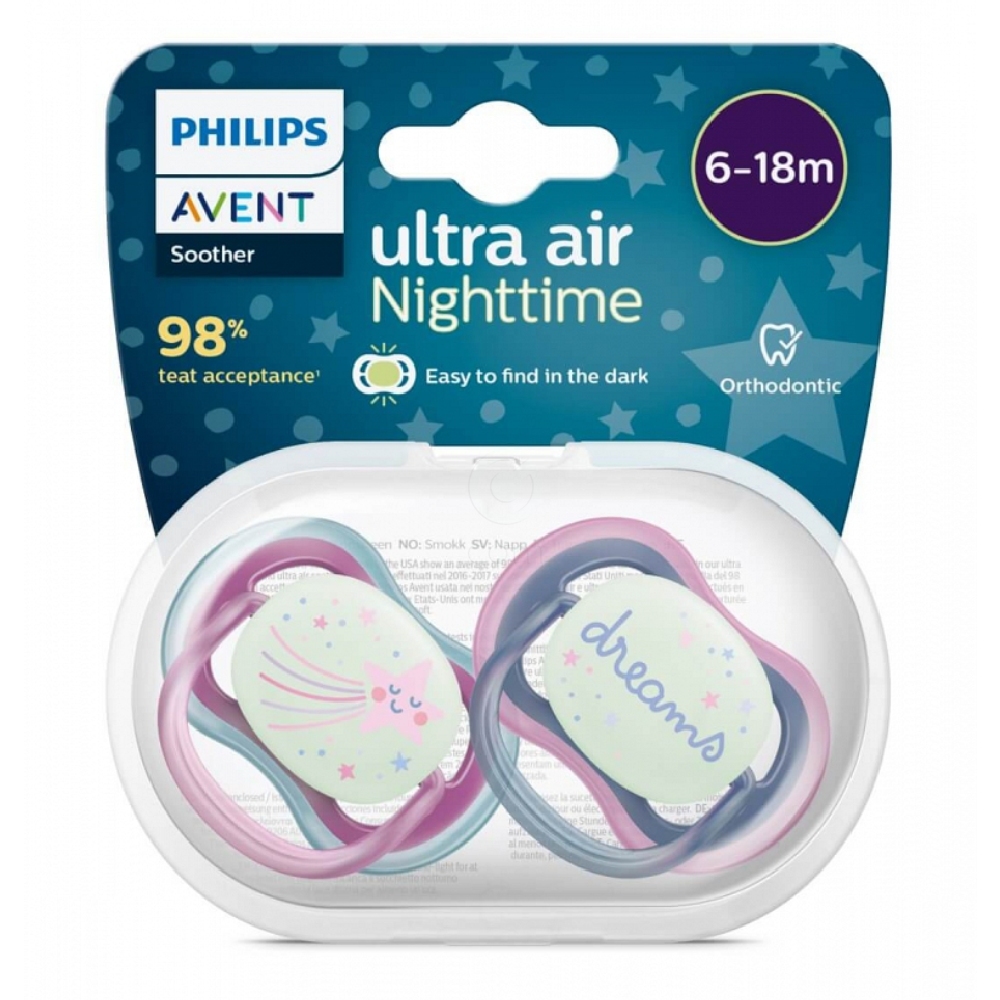Avent Ultra Air Night, tolažilna duda silikonska brez bisfenola - za deklice - 6-18 mesecev (2 dudi)