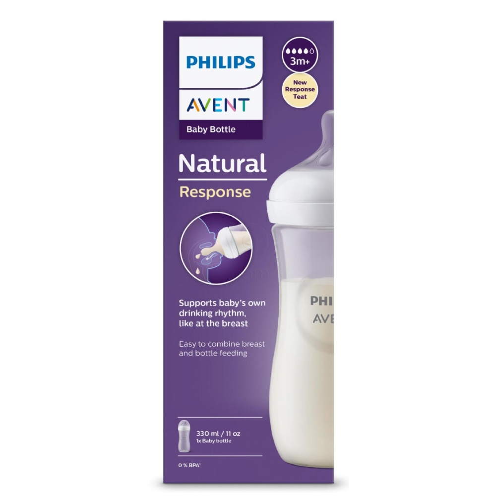 Avent Natural Reponse, steklenička PP s silikonskim cucljem 4 - hiter pretok 3+ mesecev (330 ml)