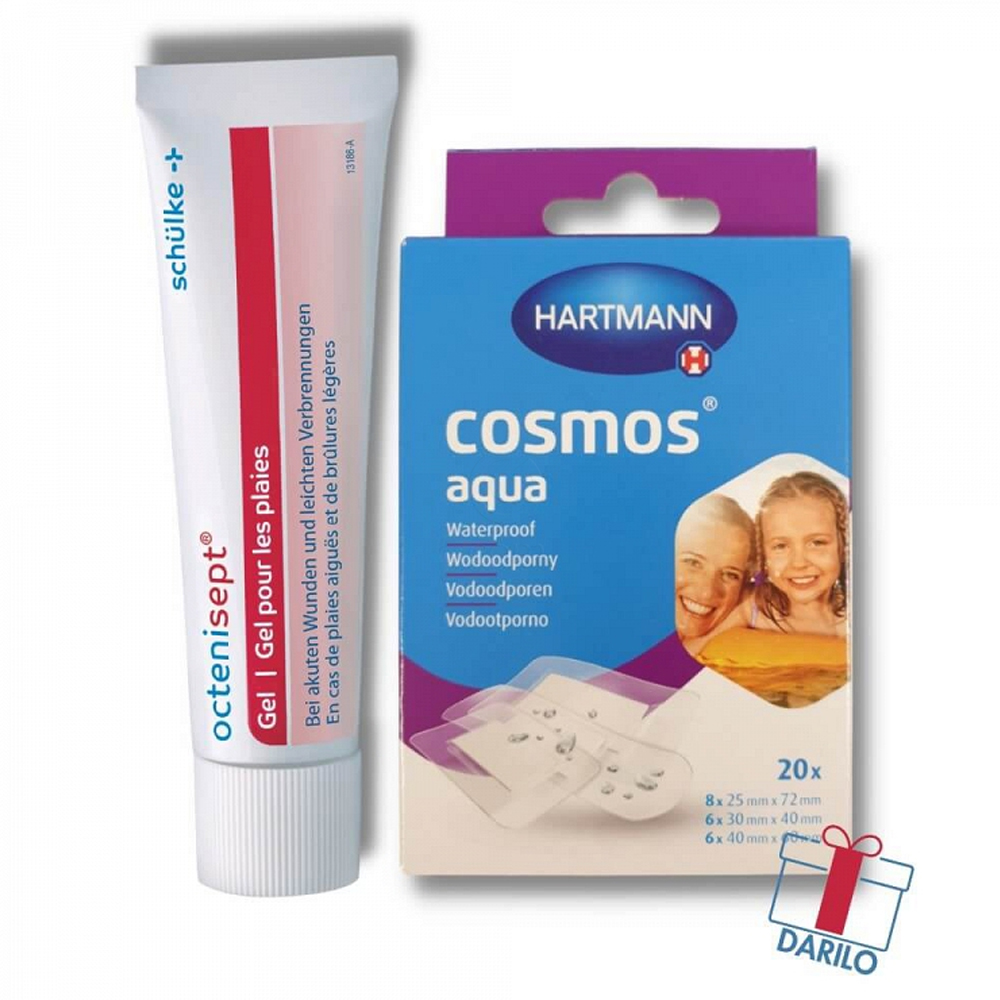 Octenisept, paket - brezbarvni antispetični gel za rane in opekline + obliži (20 ml + 20 obližev)