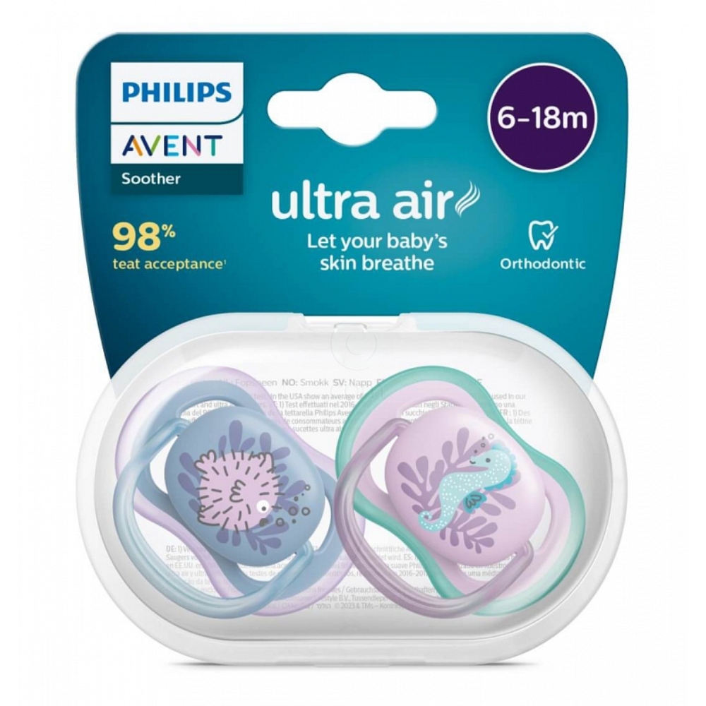 Avent Ultra Air , tolažilna duda silikonska brez bisfenola - za deklice - 6-18 mesecev (2 dudi)
