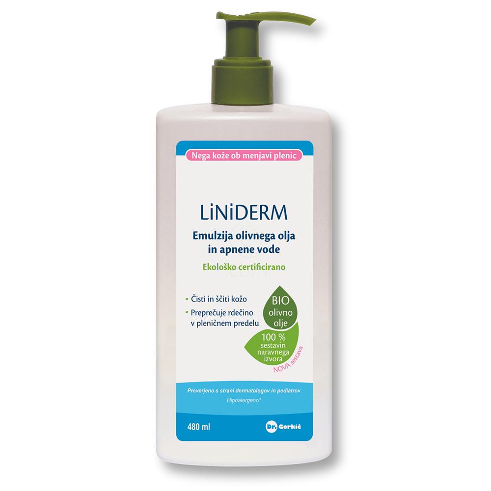Liniderm, emulzija olivnega olja in apnene vode - plastenka s pumpico (480 ml)