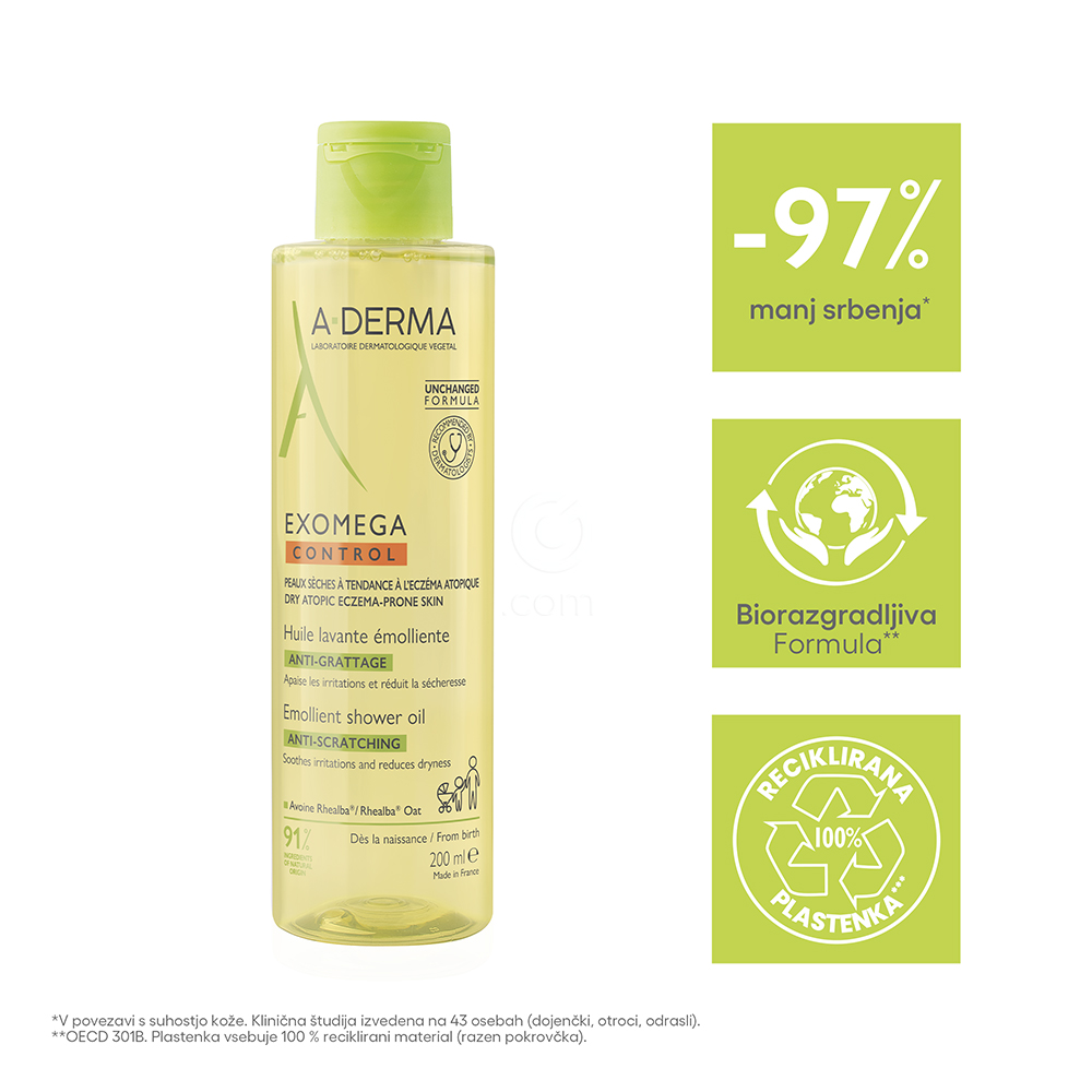 A-Derma Exomega Control, emolientno čistilno olje za tuširanje za atopijsko kožo (200 ml)