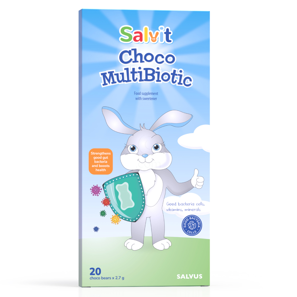 Salvit Choco MultiBiotic, čokoladni medvedki, z okusom kokosa in banane (20 medvedkov)