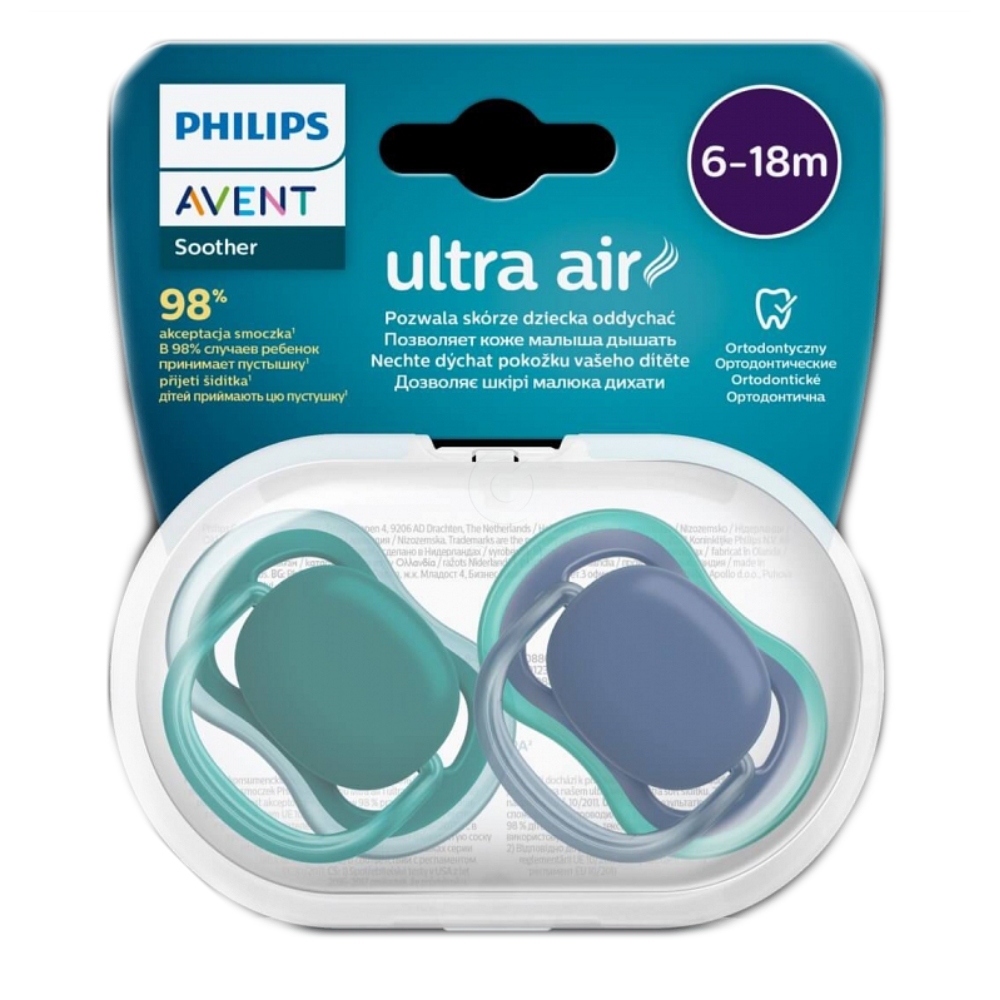 Avent Ultra Air, tolažilna duda silikonska brez bisfenola - za dečke- 6-18 mesecev (2 dudi)