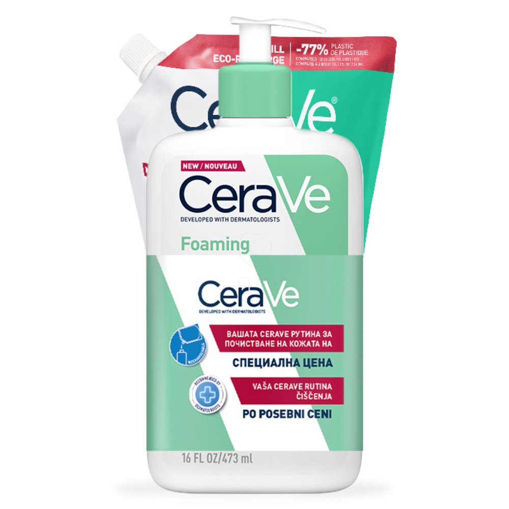 CeraVe, peneči čistilni gel za obraz za normalno do mastno kožo + refill + paket ( 2 x 473 ml)