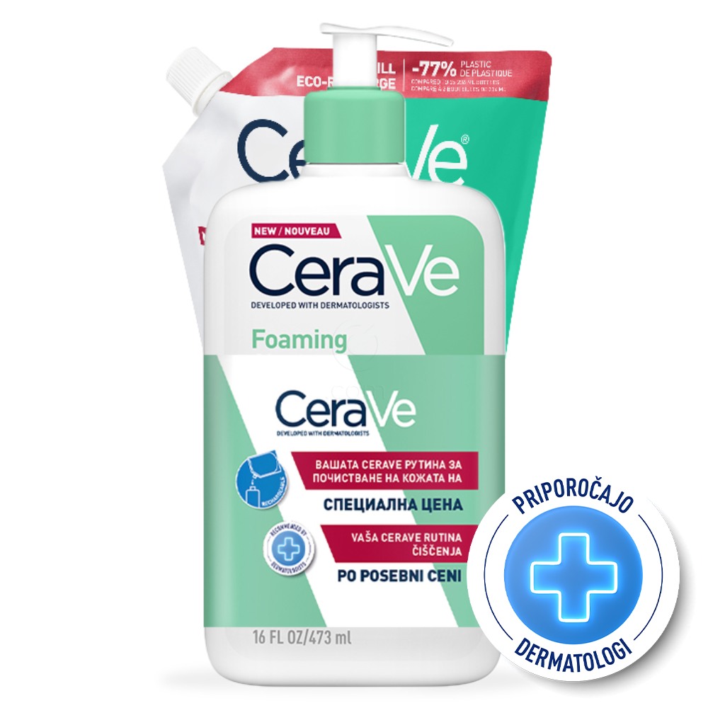 CeraVe, peneči čistilni gel za obraz za normalno do mastno kožo + refill + paket ( 2 x 473 ml)