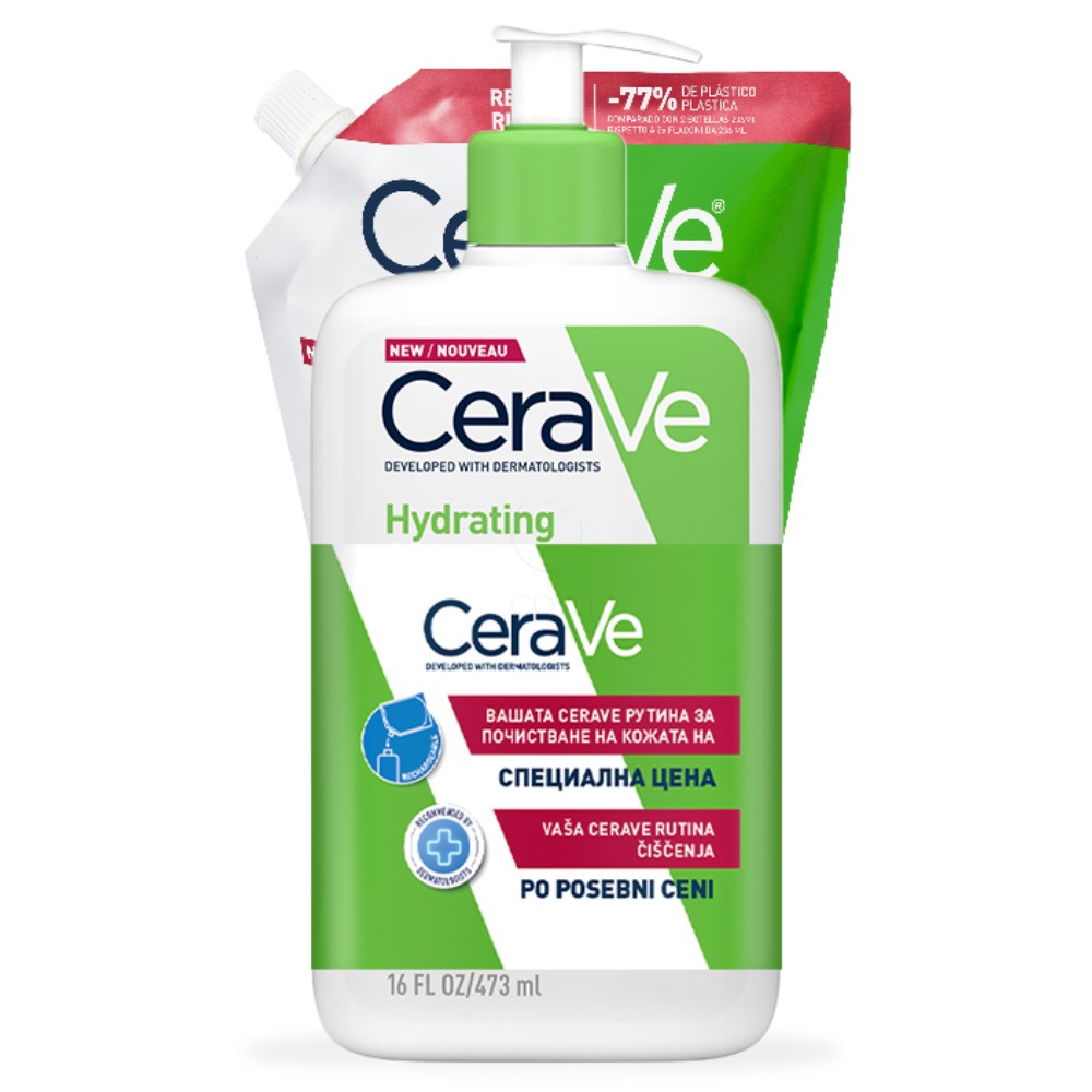 CeraVe, vlažilna čistilna emulzija za obraz za normalno do suho kožo + refill - paket (2 x 473 ml) 