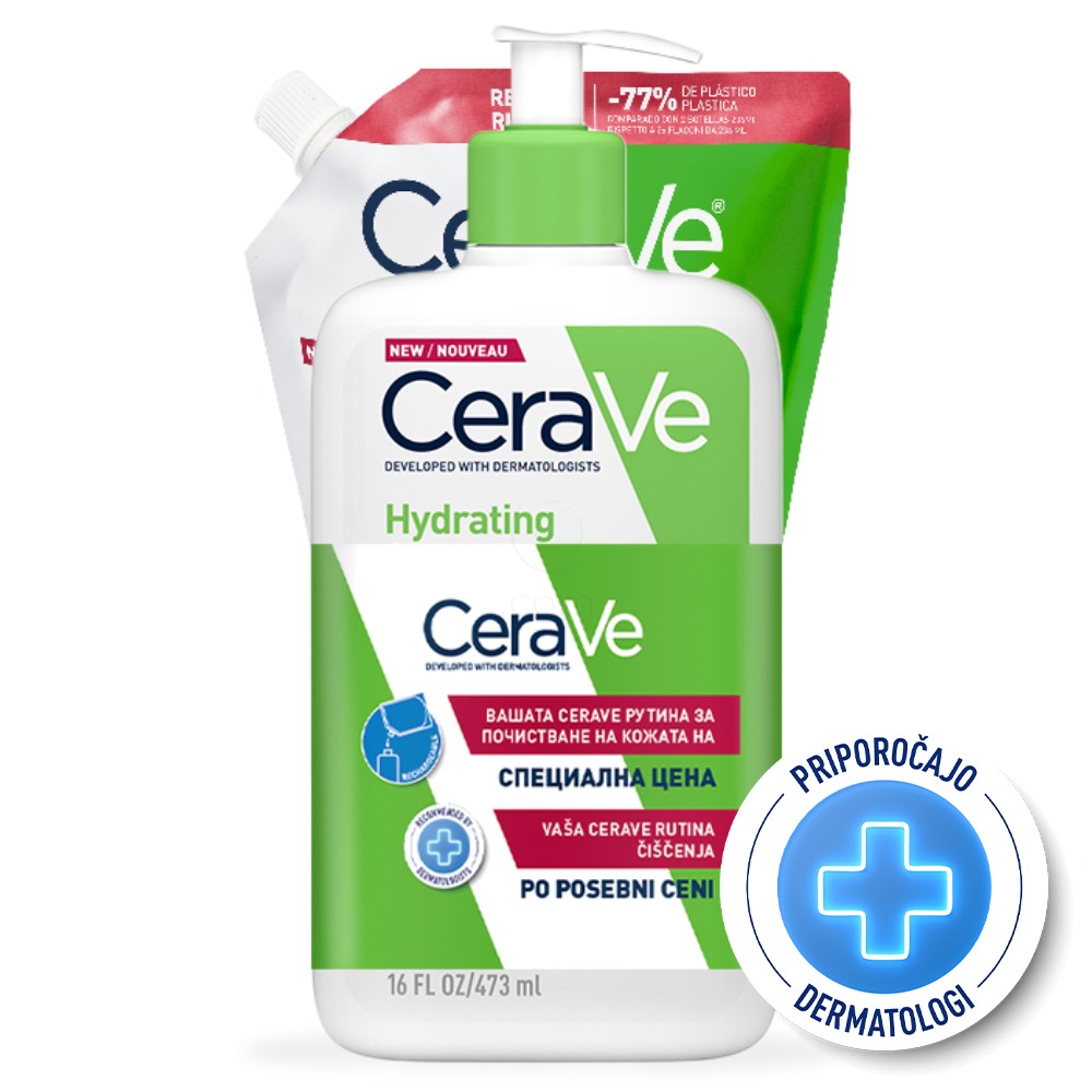 CeraVe, vlažilna čistilna emulzija za obraz za normalno do suho kožo + refill - paket (2 x 473 ml)