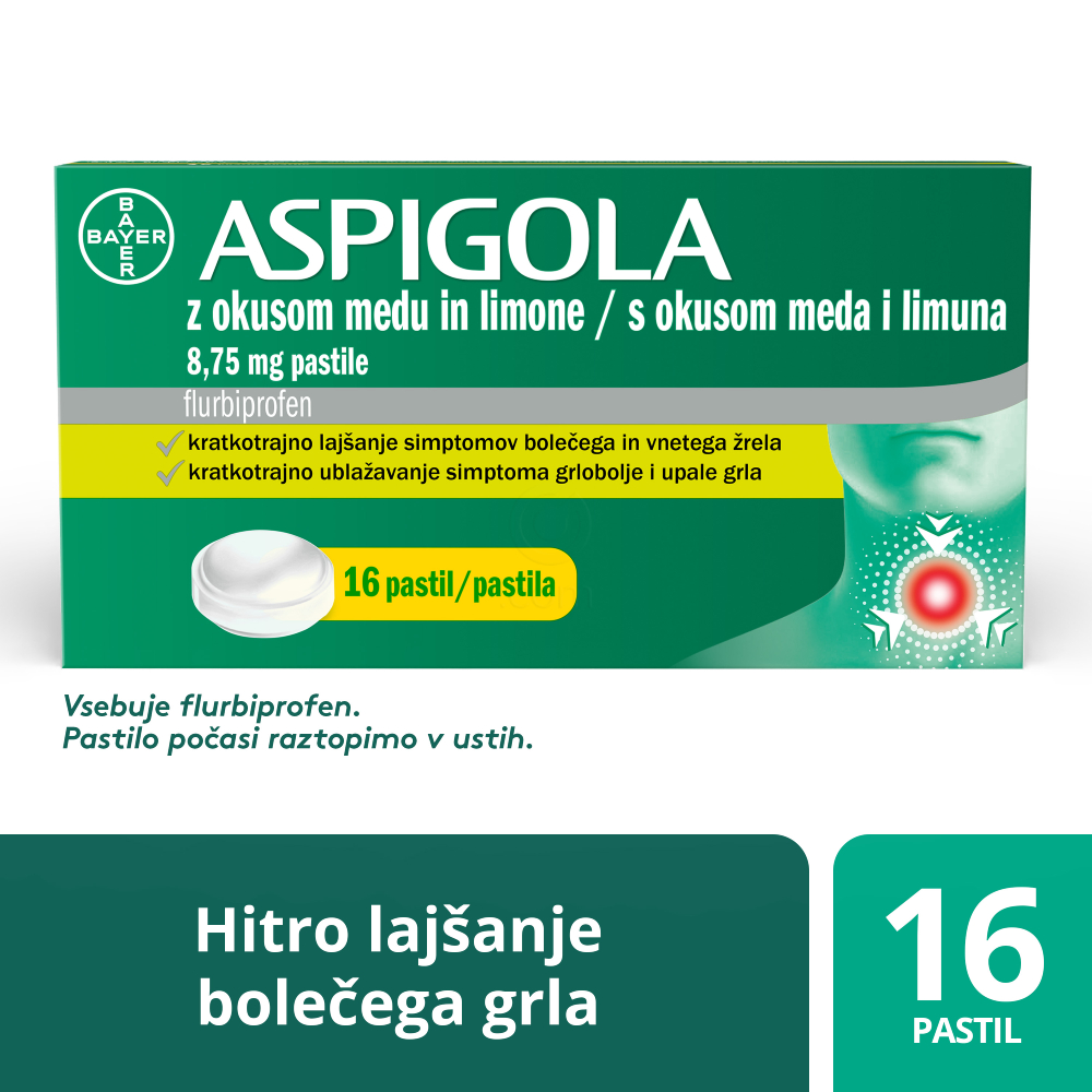Aspigola 8,75 mg, pastile z okusom medu in limone (16 pastil)