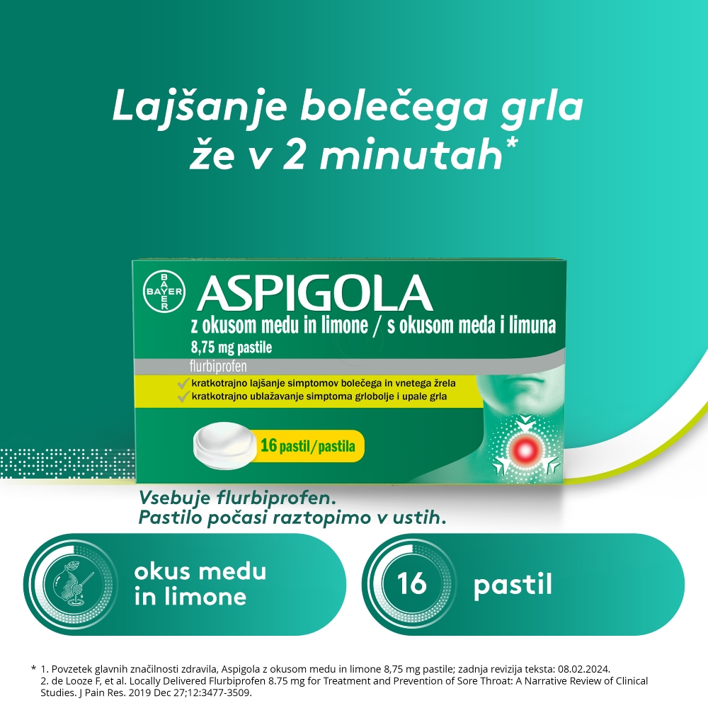 Aspigola 8,75 mg, pastile z okusom medu in limone (16 pastil)