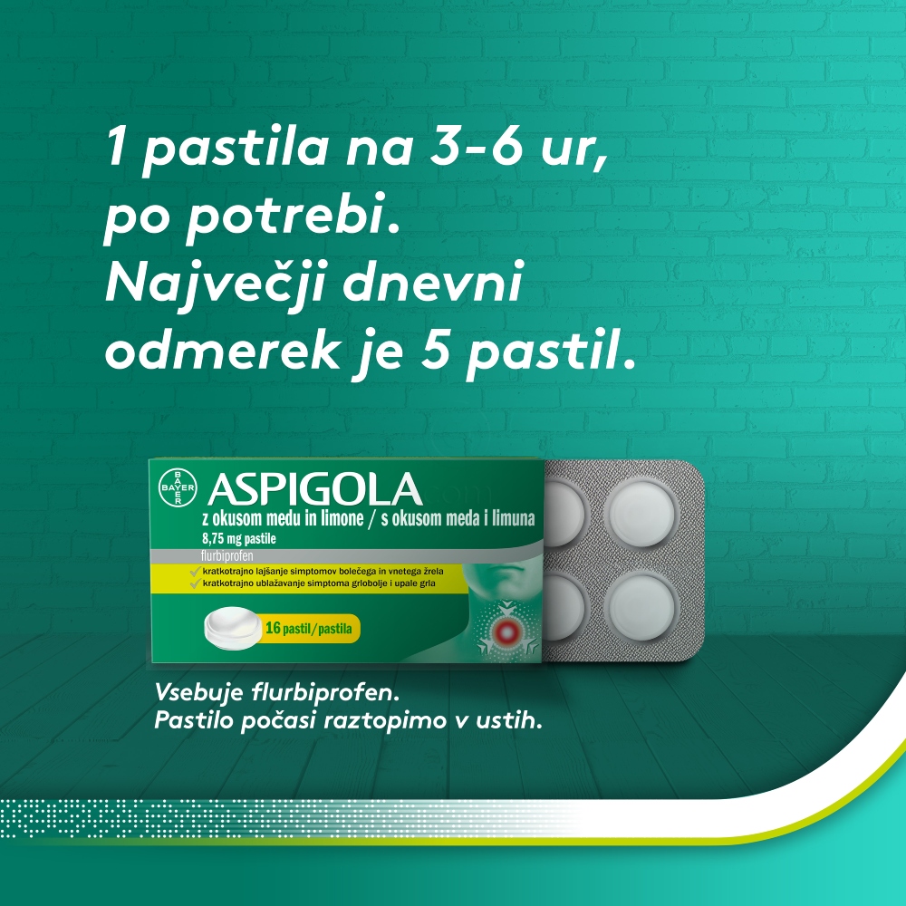 Aspigola 8,75 mg, pastile z okusom medu in limone (16 pastil)
