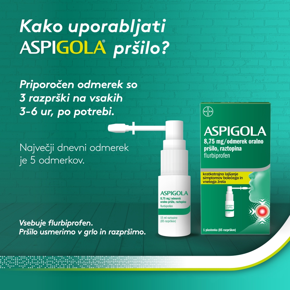 Aspigola 8,75 mg/odmerek, oralno pršilo - raztopina (15 ml)