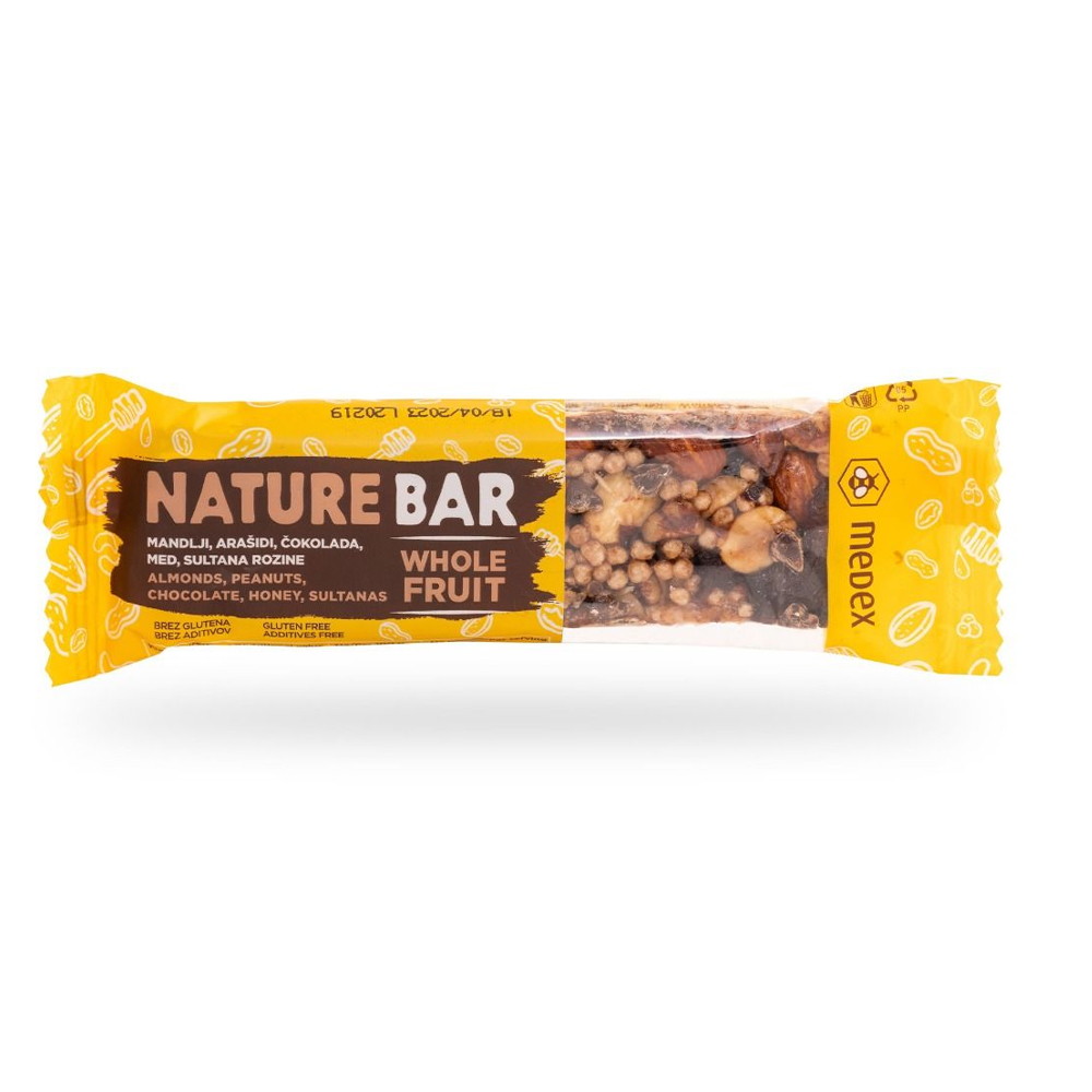 Medex Nature Bar, ploščica - rozine, med, čokolada, mandlji in arašidi (40 g)