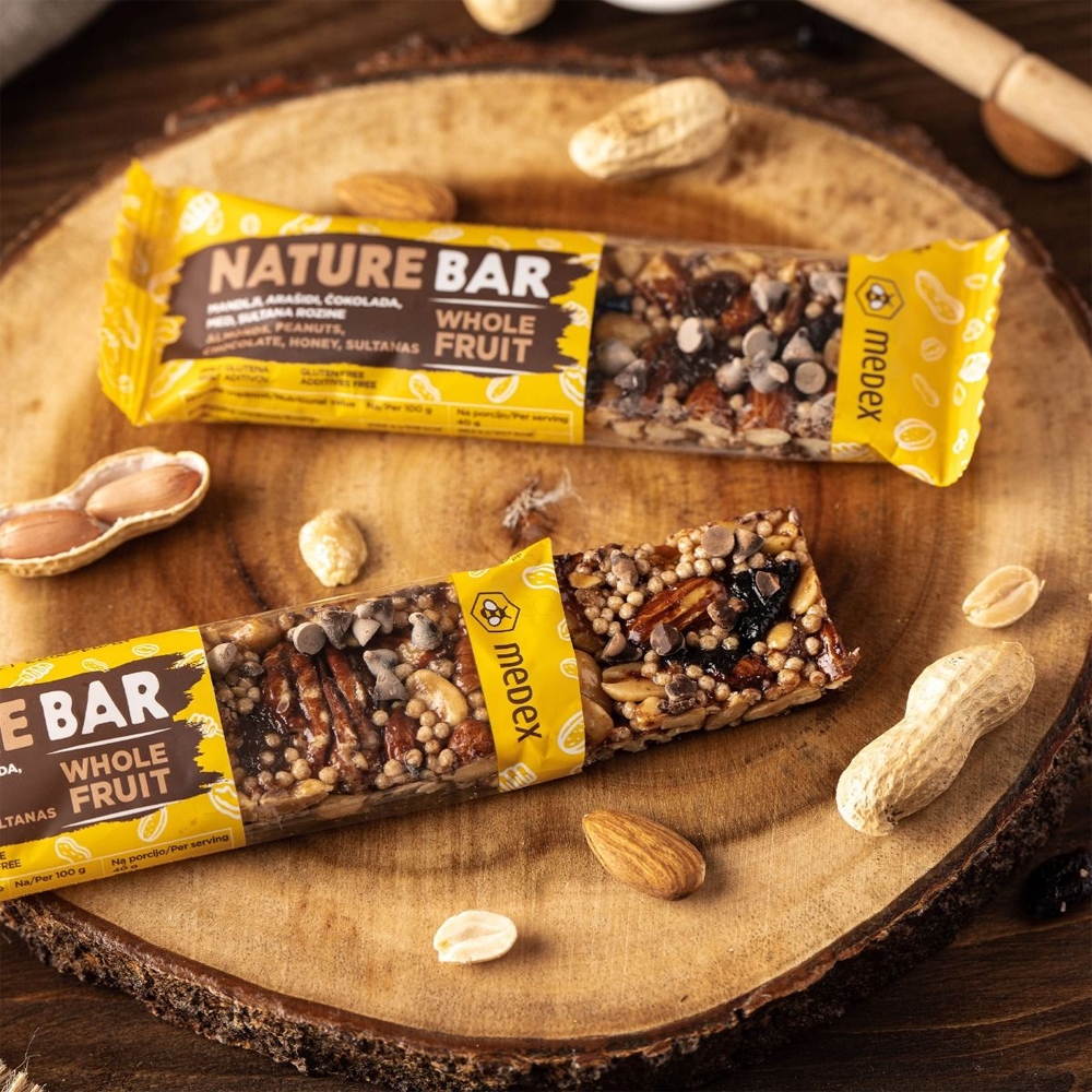 Medex Nature Bar, ploščica - rozine, med, čokolada, mandlji in arašidi (40 g)