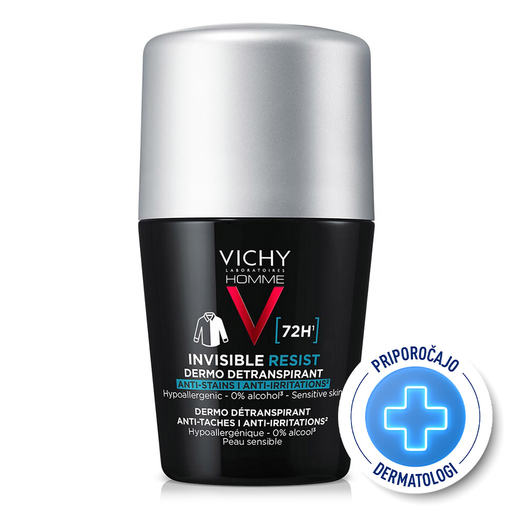 Vichy Homme Invisible Resist 72h, detranspirant proti madežem in razdraženosti - roll-on (2 x 50 ml)