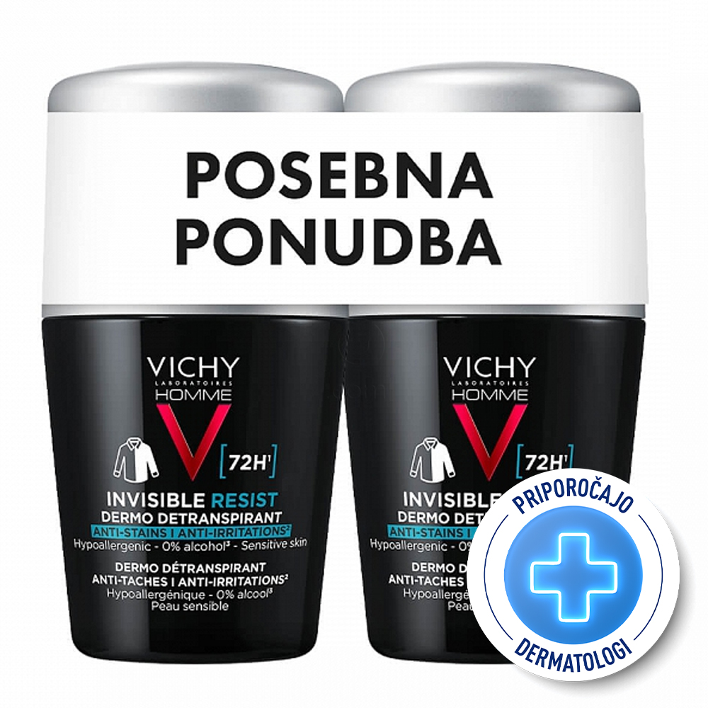 Vichy Homme Invisible Resist 72h, detranspirant proti madežem in razdraženosti - roll-on (2 x 50 ml)