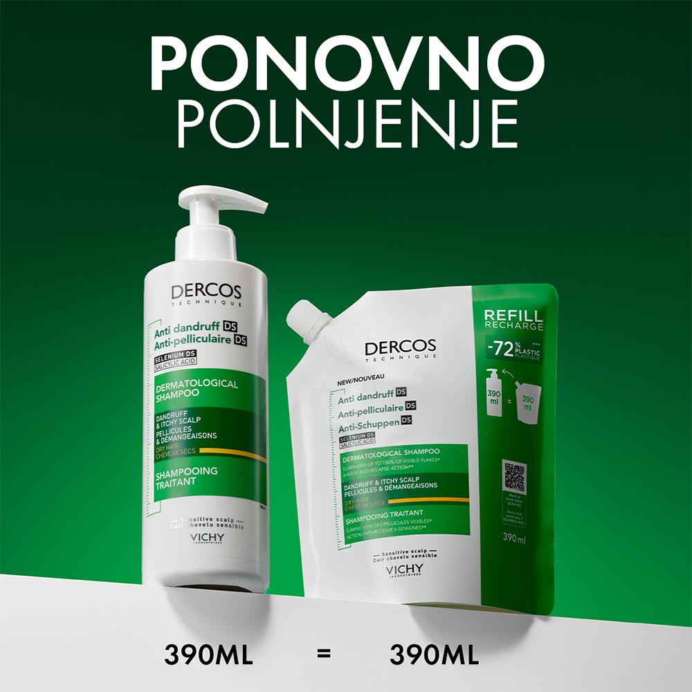 Vichy Dercos, šampon proti prhljaju za suhe lase - eko refill (390 ml)