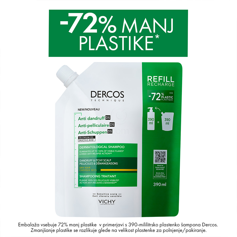 Vichy Dercos, šampon proti prhljaju za suhe lase - eko refill (390 ml)