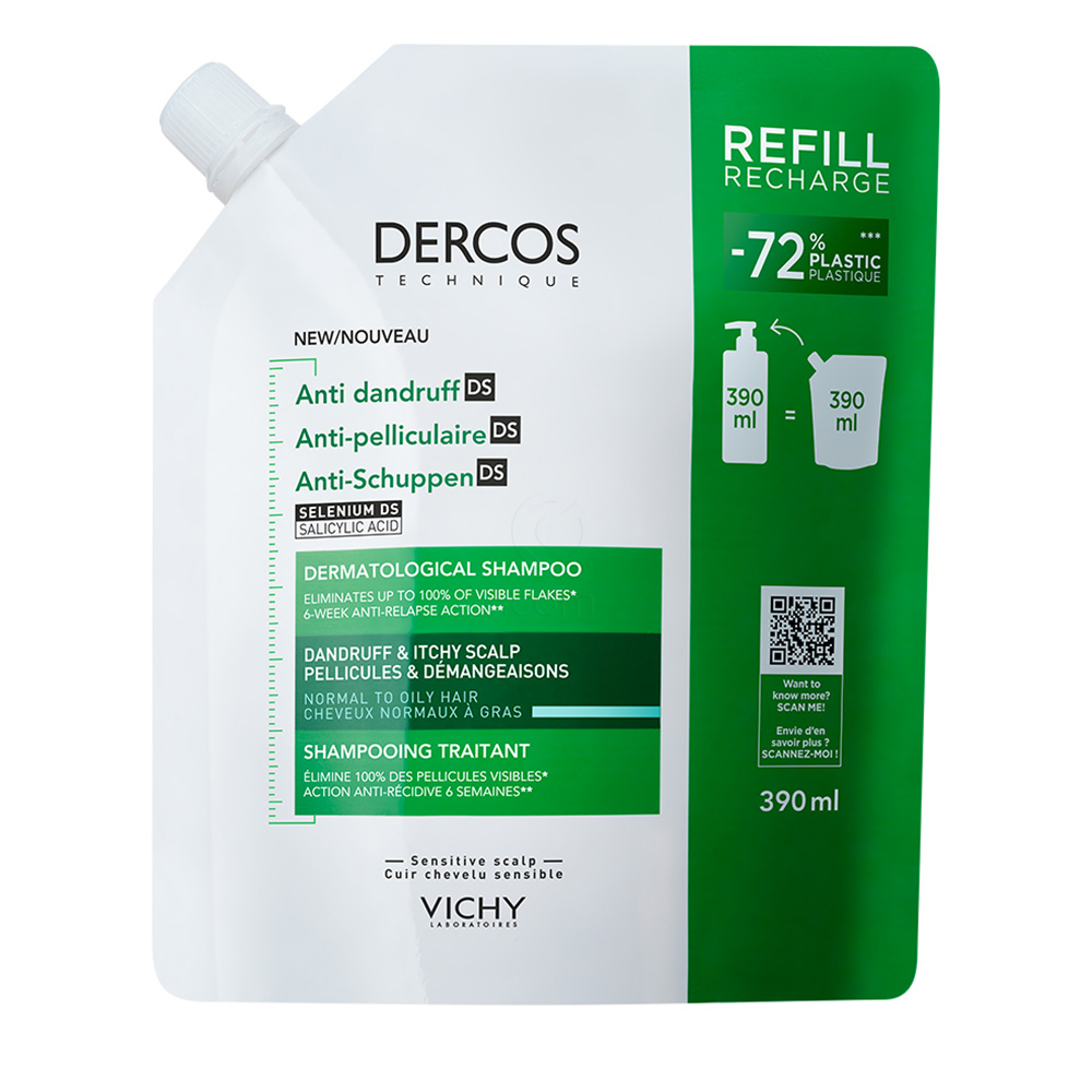 Vichy Dercos, šampon proti prhljaju za normalne in mastne lase - eko refill (390 ml)