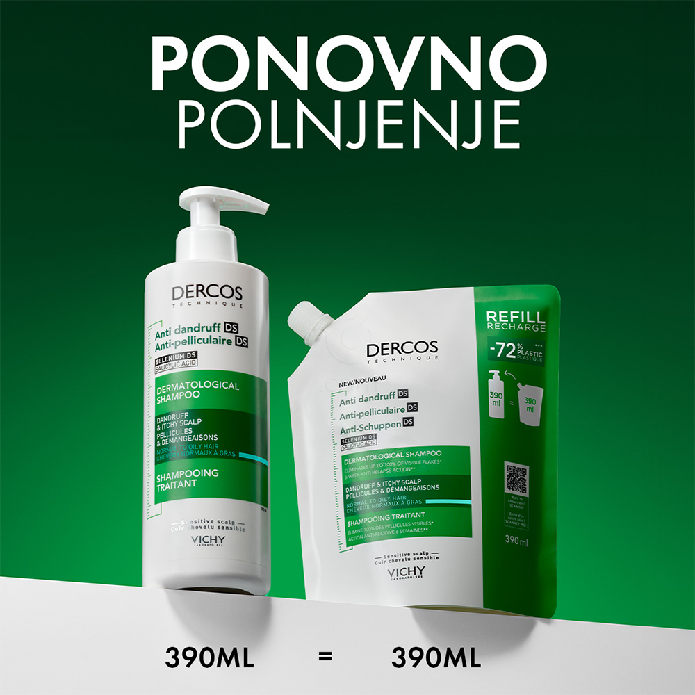 Vichy Dercos, šampon proti prhljaju za normalne in mastne lase - eko refill (390 ml)