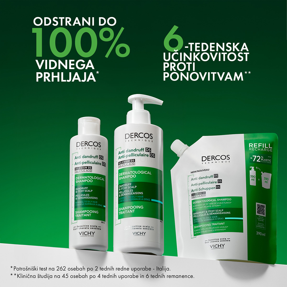 Vichy Dercos, šampon proti prhljaju za normalne in mastne lase - eko refill (390 ml)