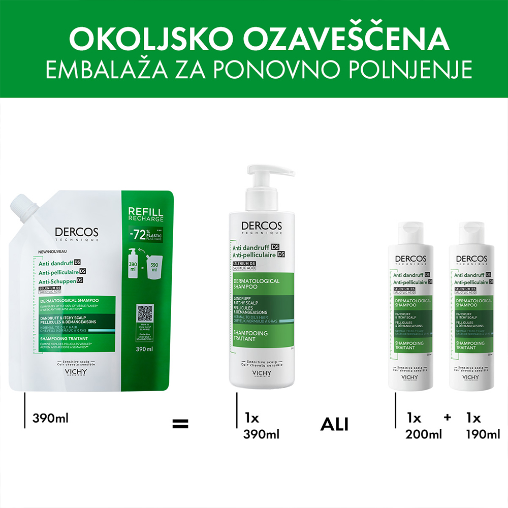 Vichy Dercos, šampon proti prhljaju za normalne in mastne lase - eko refill (390 ml)