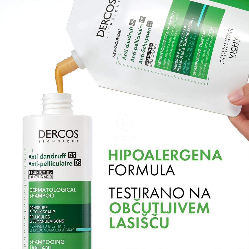 Vichy Dercos, šampon proti prhljaju za normalne in mastne lase - eko refill (390 ml)