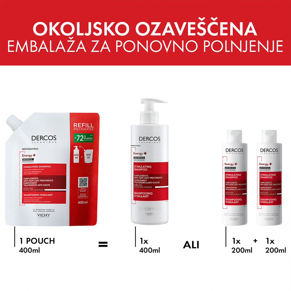 Vichy Dercos Aminexil Energisant, šampon proti izpadanju las - eko refill (400 ml)