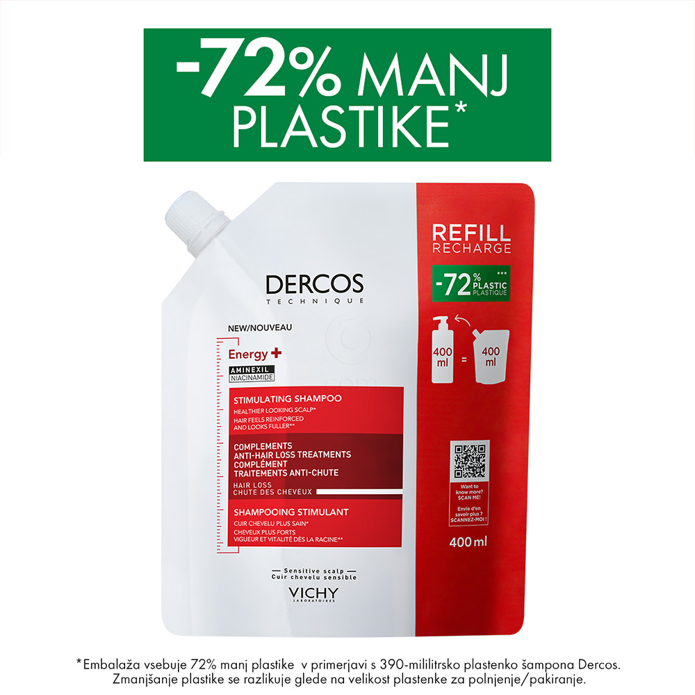 Vichy Dercos Aminexil Energisant, šampon proti izpadanju las - eko refill (400 ml)