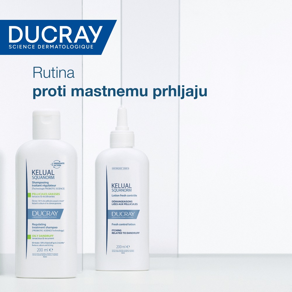 Ducray Kelual Squanorm, regulirajoči tretma šampon proti mastnemu prhljaju (200 ml)
