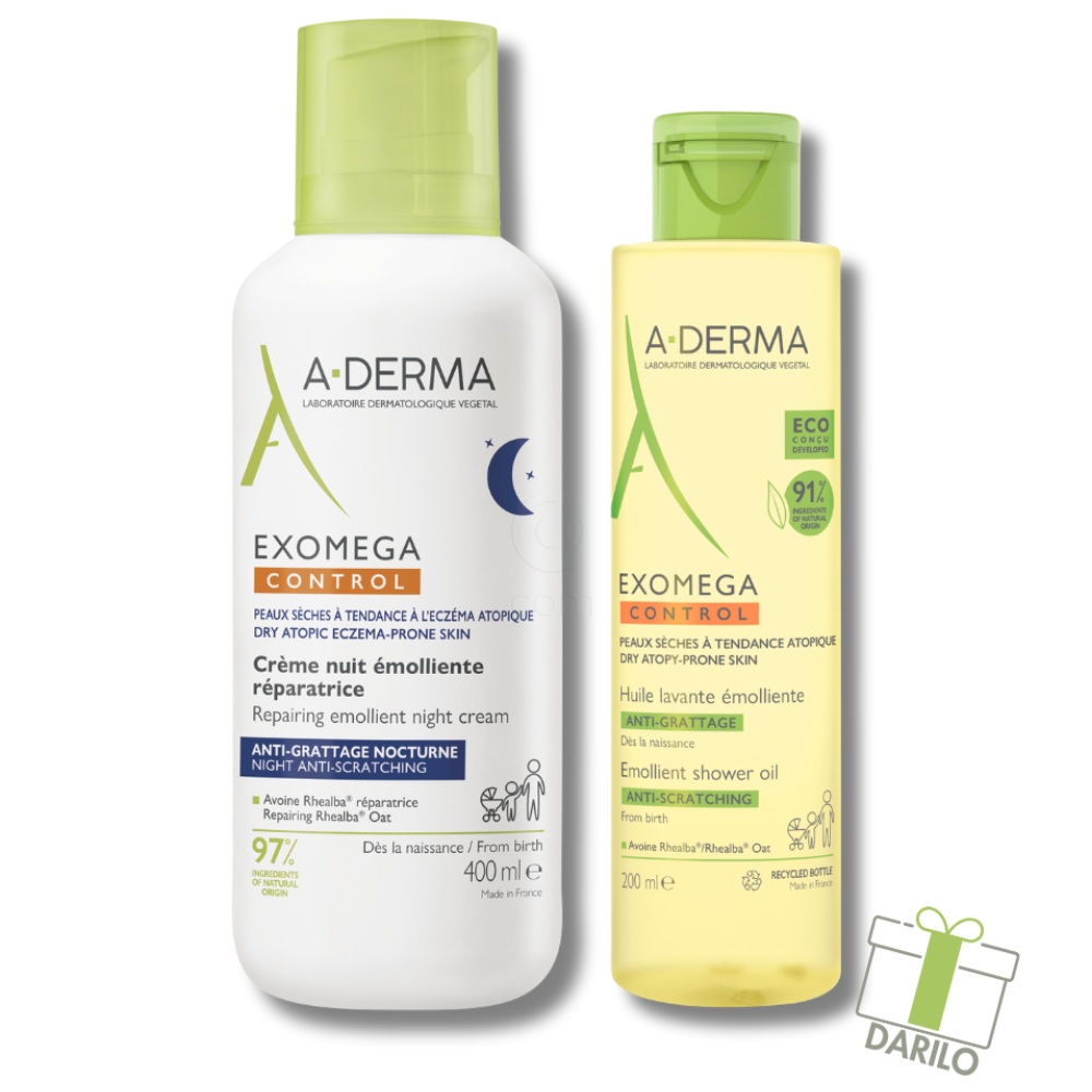 A-Derma Exomega Control, emolientna nočna krema in čistilno olje za tuširanje - paket (400 ml + 200 ml) 