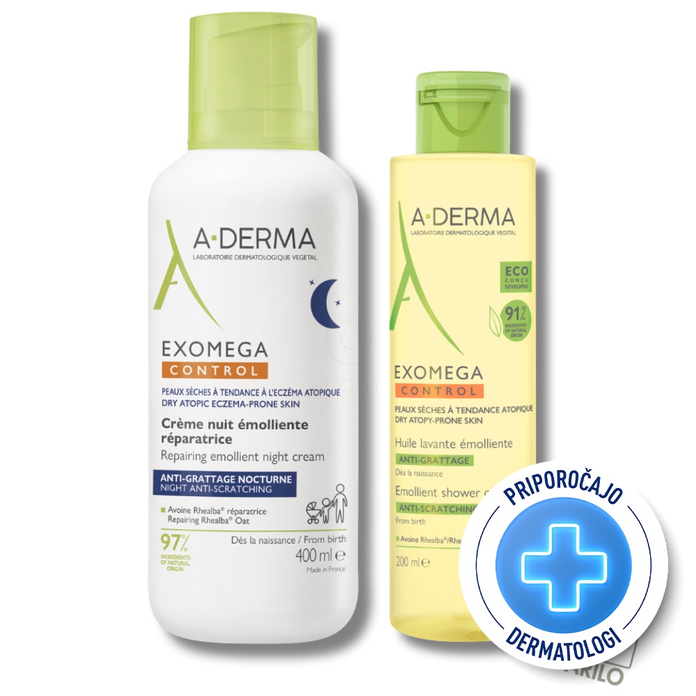 A-Derma Exomega Control, emolientna nočna krema in čistilno olje za tuširanje - paket (400 ml + 200 ml)