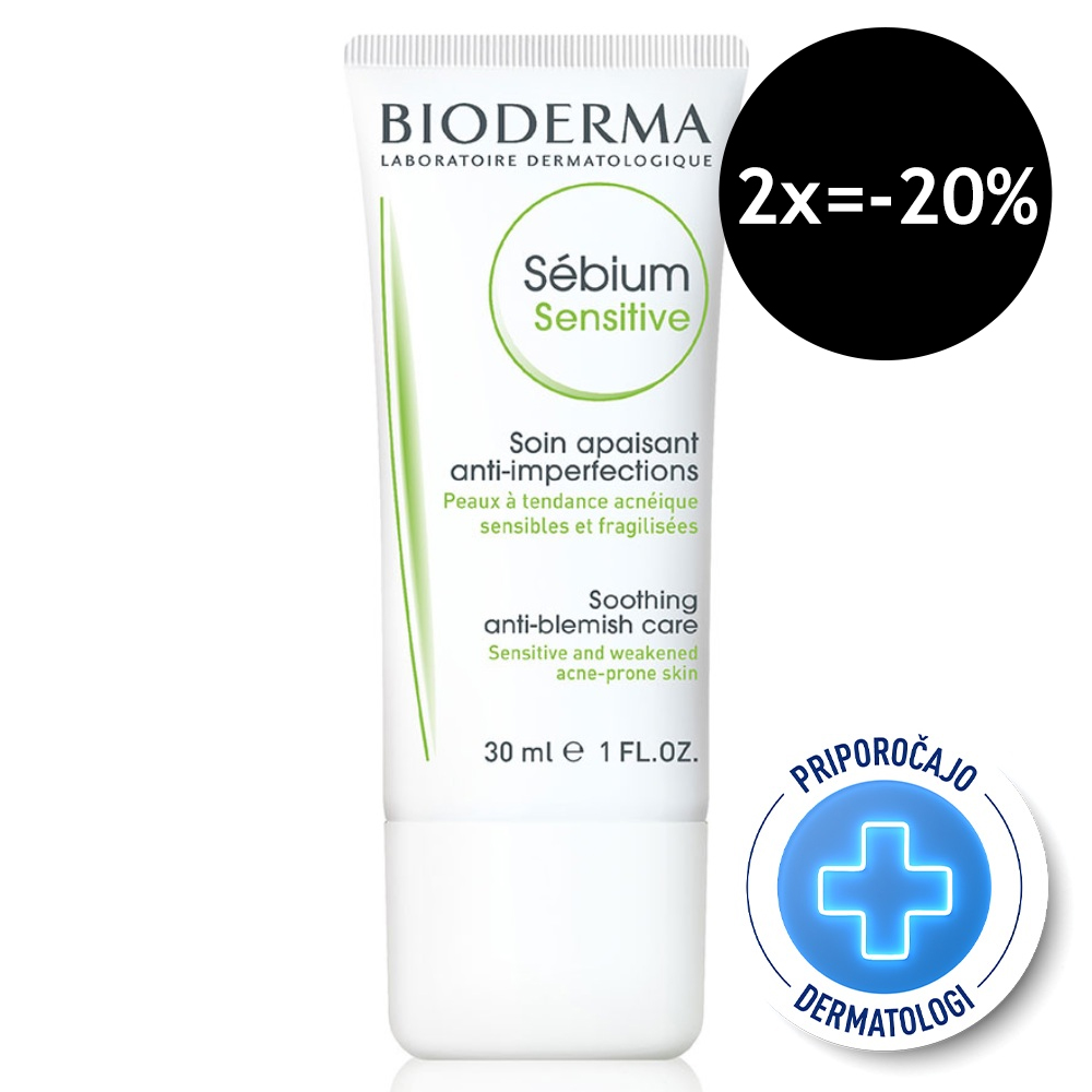 Bioderma Sebium Sensitive, pomirjujoča nega za občutljivo, k aknam nagnjeno kožo (30 ml)