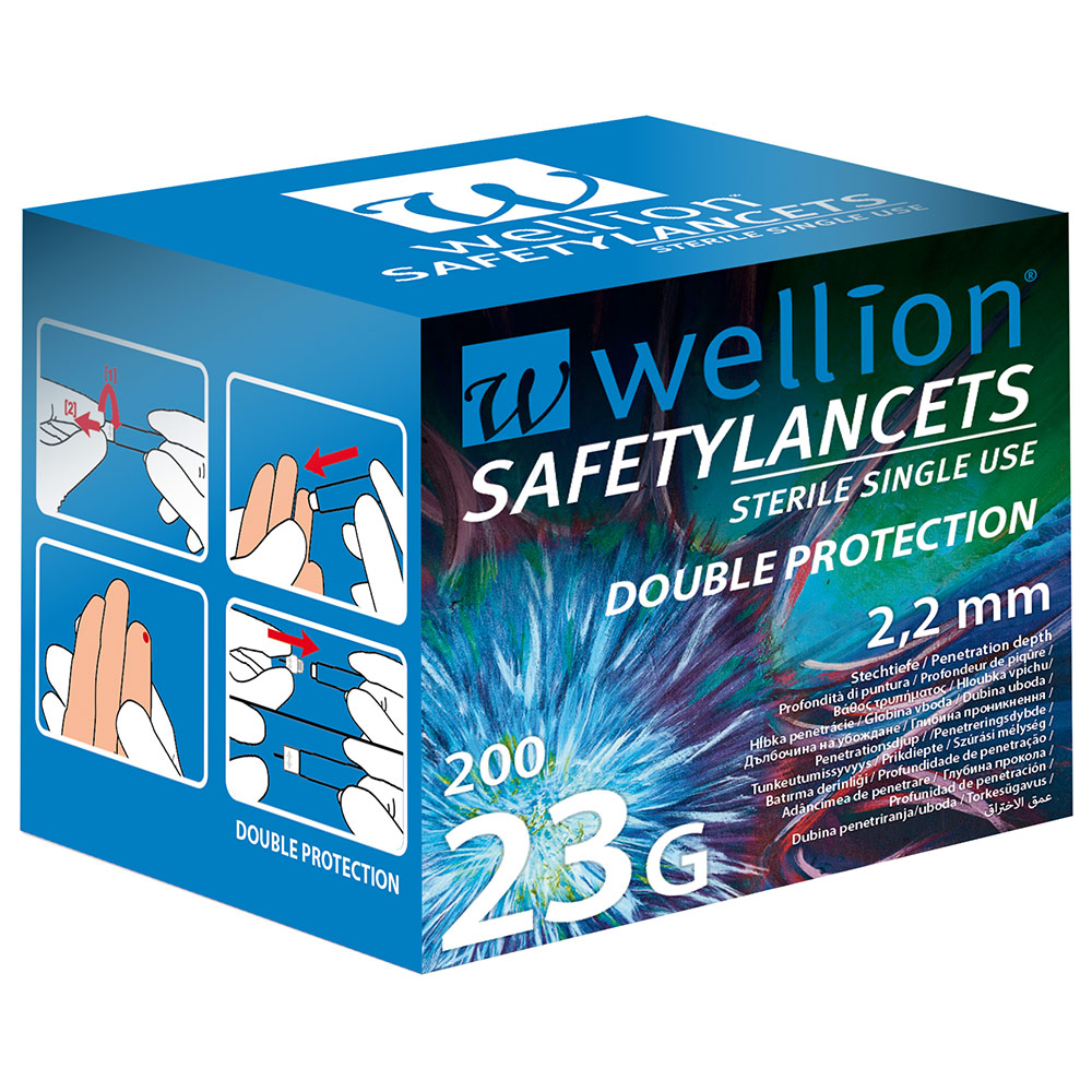 Wellion 23G Safety, varna lanceta za enkratno uporabo - dvojna zaščita (200 lancet)