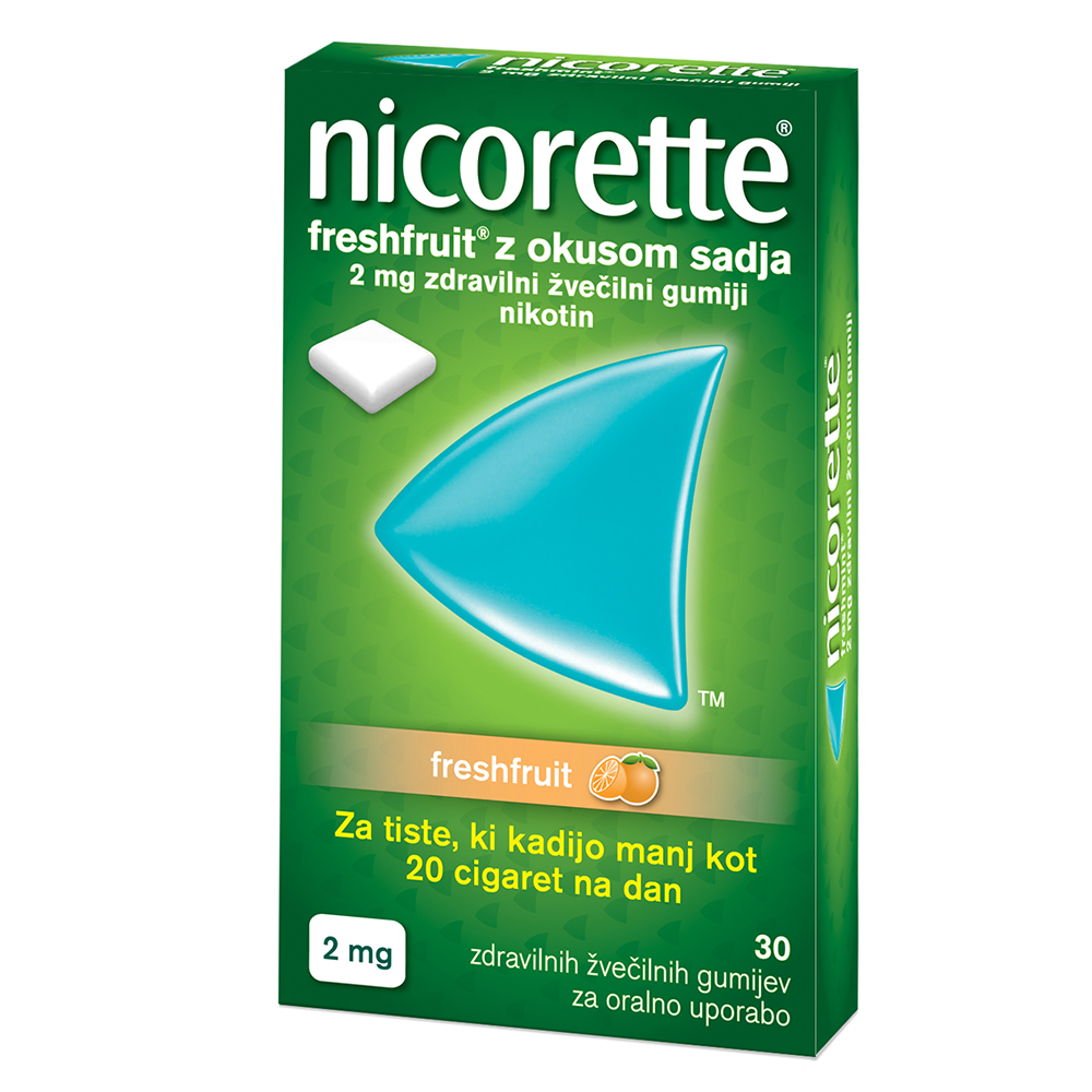 Nicorette Freshfruit z okusom sadja, 2 mg zdravilni žvečilni gumiji (30 žvečilnih gumijev)