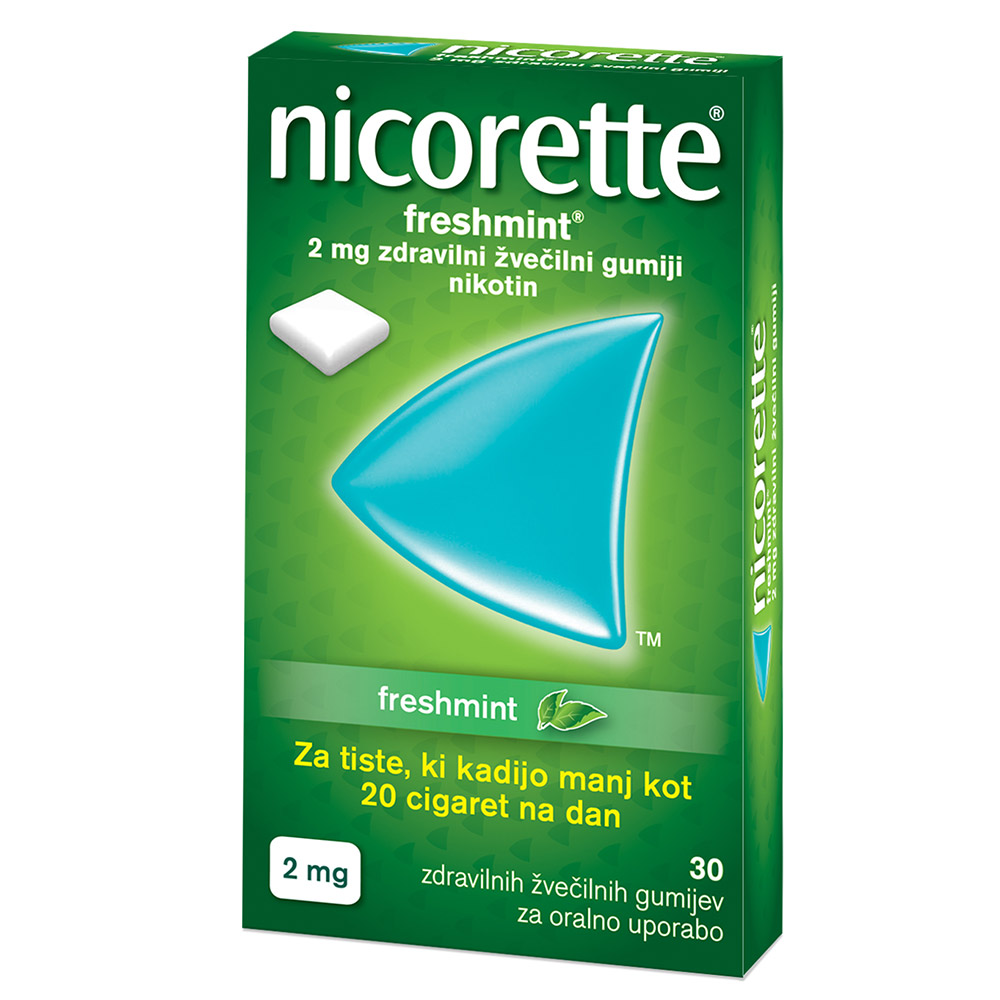 Nicorette Freshmint, 2 mg zdravilni žvečilni gumiji (30 žvečilnih gumijev)