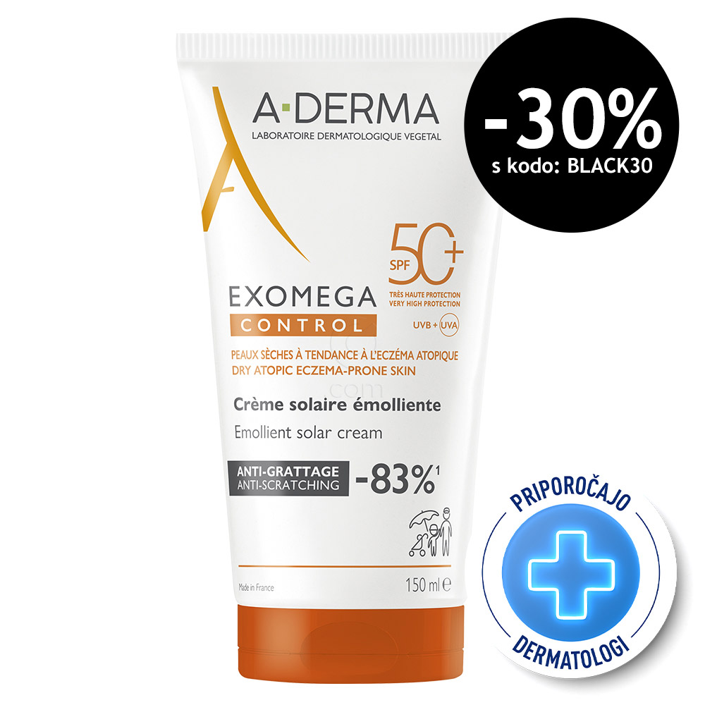 A-Derma Exomega Control, emolientna krema za zaščito pred soncem - ZF50+ (150 ml)