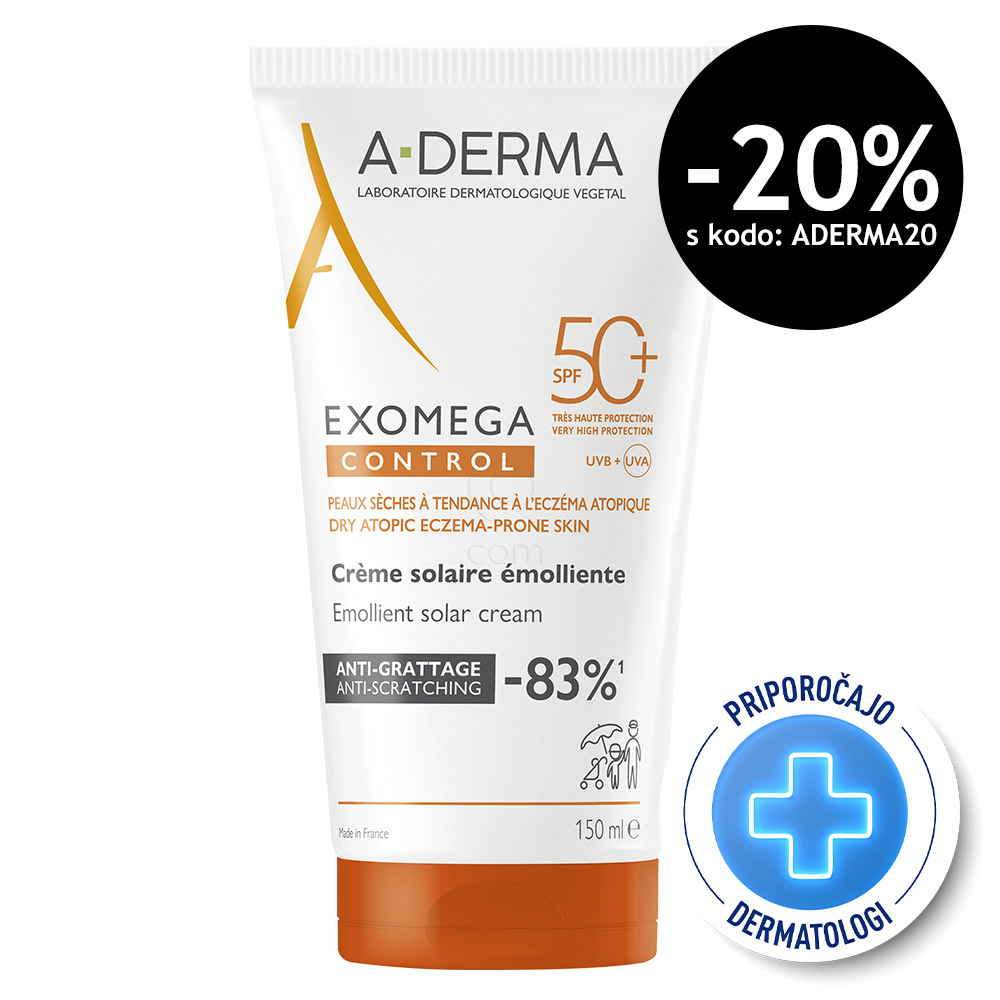 A-Derma Exomega Control, emolientna krema za zaščito pred soncem - ZF50+ (150 ml)