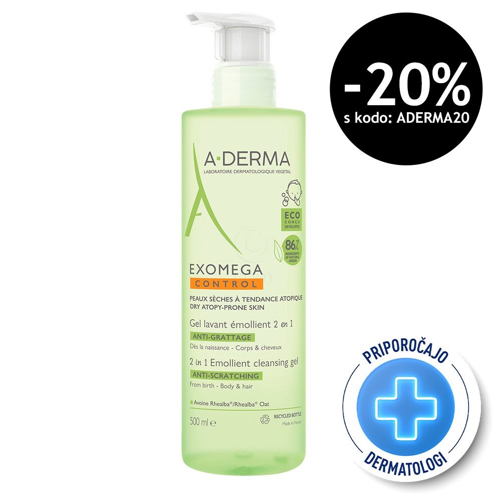 A-Derma Exomega Control, emolientni čistilni gel 2v1 za atopijsko kožo (500 ml)