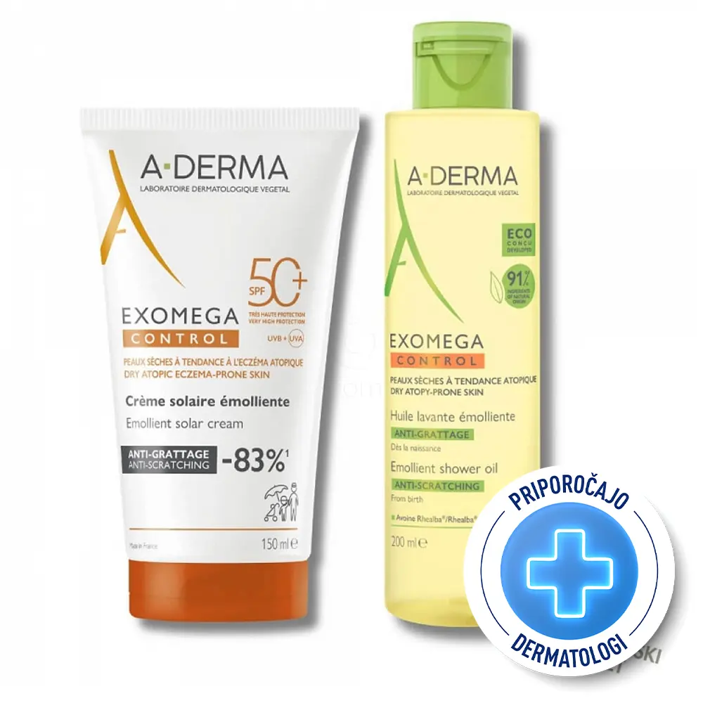 A-Derma Exomega Control, paket: zaščita pred sonce + olje (150 ml + 200 ml)