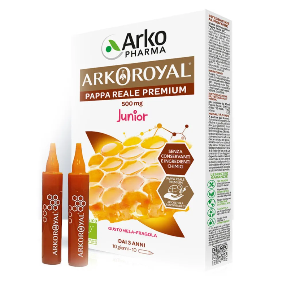 Arkoroyal Junior Bio Matični mleček 500 mg z okusom jagode, ampule (10 x 15 ml)