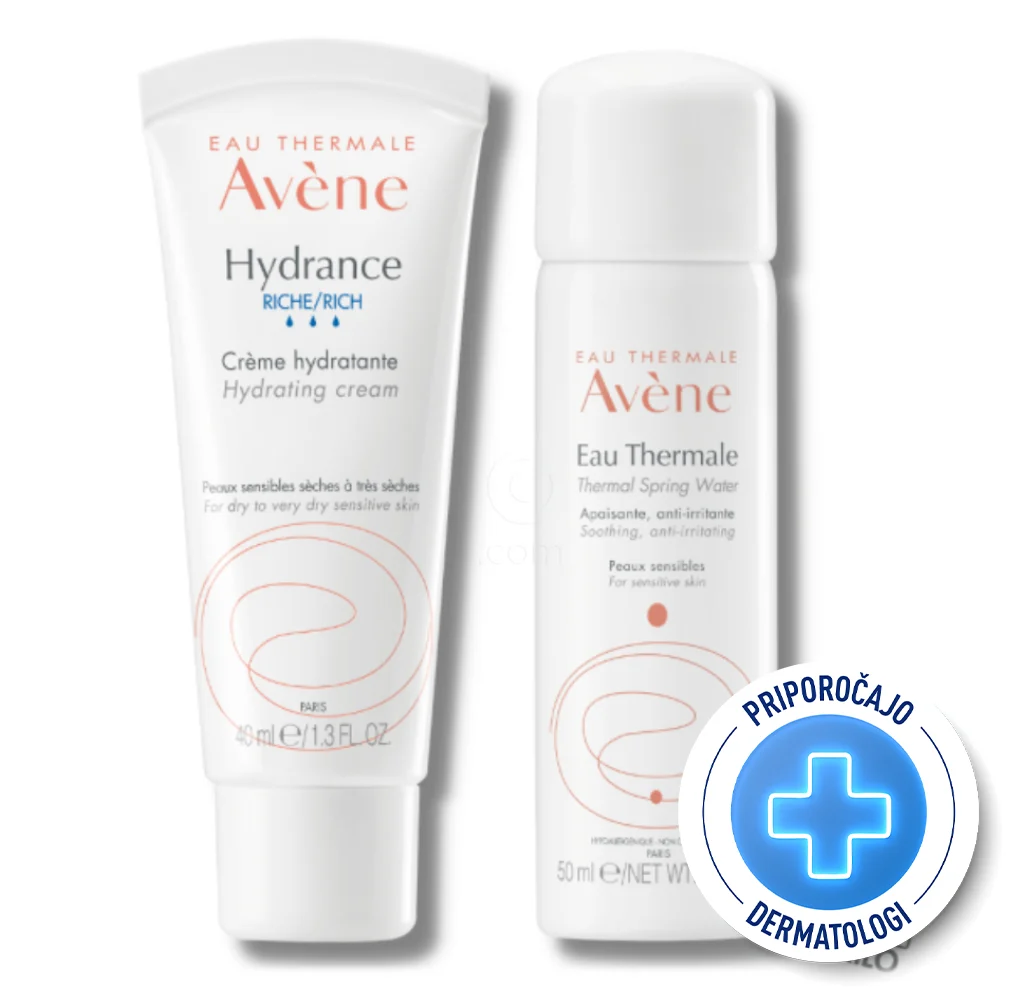 Avene Eau Thermale, paket - bogata vlažilna krema in termalna voda (40 ml + 50 ml)