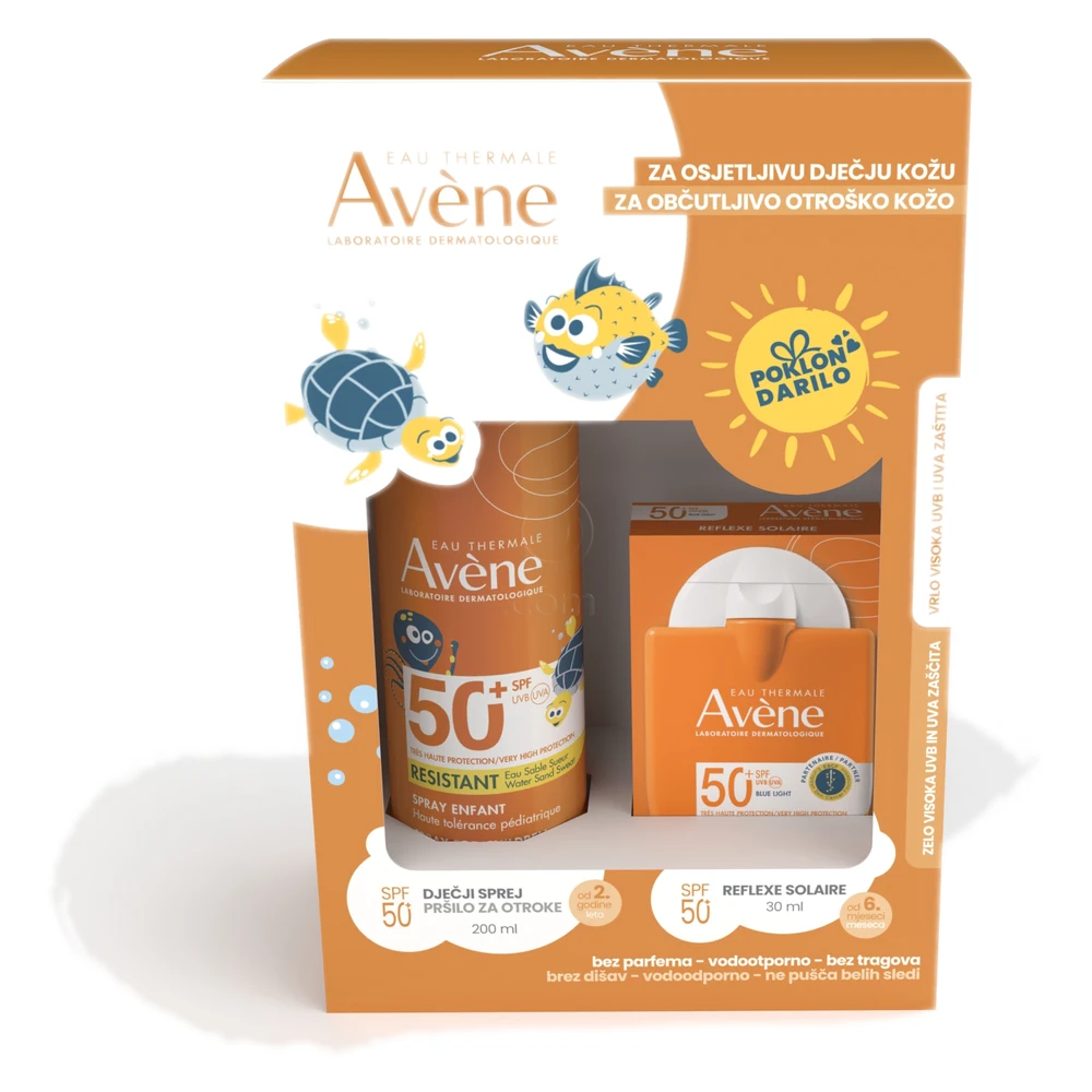 Avene Sun, paket - otroško pršilo ZF50+ in Reflexe Solaire emulzija ZF50+ (200 ml + 30 ml)
